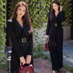 パンツドレス ロング丈 オールインワン サロペット Vネック 長袖 カシュクール 無地 ファッション ワイドパンツロングストレートオーバーオール 通勤