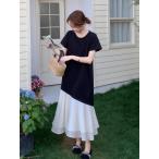 切り替えワンピース 半袖 ワンピース 黒白  夏服 夏ワンピース Tシャツワンピース Aライン フレア 重ね着風 膝下丈 ミモレ丈 低身長