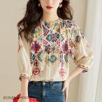 エスニック 花柄 ブラウス ラウンドネック 長袖 7分袖 レディース シャツトップス 春 夏 秋 ボタニカル 花柄 ボタン 大きいサイズ ナチュラル 着痩せ