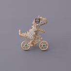 ブローチ 自転車に乗ったかわいい恐竜 サングラス ラインストーン 男の子 ゴールド プレゼント ギフト 上品 人気
