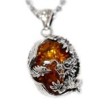 天然石琥珀アンバードラゴン龍鳳凰ペンダントネックレス