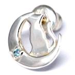 シルバー925スタッドピアスネコ猫キャット三日月ムーンアクアブルージルコニ...