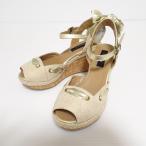 #sns インゲボルグ INGEBORG サンダル 3 ベージュ ゴールド ウエッジソール ストラップ リボン 美品 レディース [824196]