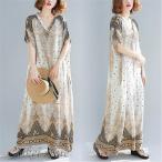 ワンピース レディース ロングワンピース 森ガール ナチュラル  ゆったり 着痩せ 体型カバー マキシ丈 半袖 大きいサイズ ボヘミア風 夏 30代 40代