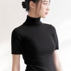 レディース タートルネック ハイネック 黒 無地 リブ襟 半袖 ニットソー セーター サマーニット 細見え きれいめ オフィスカジュアル 上品 春 夏 秋 着回し