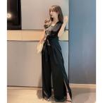 ショッピングパーティ パーティードレス かっこいい パンツドレス 結婚式 お呼ばれドレス ノースリーブ ウエストリボン ウエストマーク 大きいサイズ おしゃれ カシュクール