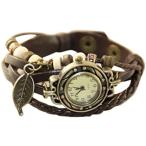 アンティーク風 レザー ブレスレット ウォッチ リーフ チャーム付 本革 ベルト クォーツ腕時計 ダークブラウン