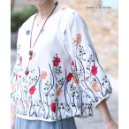 レディース トップス ブラウス シャツ 白 ホワイト 7分袖 花柄 刺繍 パフスリーブ 綿 コットン 春 大人可愛い 大人 可愛い 30代 40代 50代 60代 サワアラモード