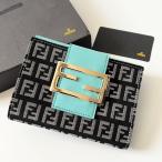FENDI　フェンディ　二つ折り財布　ズッキーノ　マンマバケット　FF金具　キャンバス　レザー　ブラック　ターコイズブルー　8M0035　【中古】