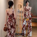 コンビネゾン キャミ サロペット Vネック 花柄 オールインワン レディース パンツドレス 体型カバー ミセス  ロング ワイドパンツ つなぎ
