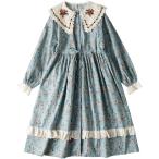 ロングワンピース 春 夏 秋 ワンピース 長袖 可愛い ゆったり レディース フリル 前開き 綿麻 ビッグカラー