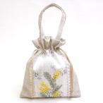 巾着バッグ 約25x29cm 小花プリント リボン刺繍 ナチュラルテイスト 和装にも似合う巾着型バッグ ミモザ 手刺繍 1857