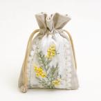 きんちゃくM 約13x18cm  ミモザ リボン刺繍 手刺繍 巾着 小物入れ 1857