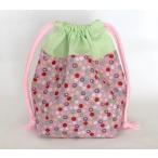 コップ袋にも使える両引き巾着【ピンクに色々なドット×ライトグリーン】