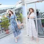 リゾートワンピース レディース サマードレス ロング マキシ丈 バックシャン 半袖 シフォン 透け Aライン 水着の上に着る服