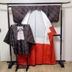 和服アンサンブル 女性用紬 正絹 大島紬 奄美大島の織物 黒の幾何学模様 わけあり 155cmの身長の方