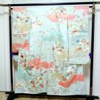 中振袖 水色の生地に桃色の雲 伝統古典柄の着物 優しくて格調高い和服 ほどいてリメイク用の生地に