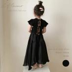 キッズ オープンバックマキシワンピース 韓国子供服 90cm〜120cm 90 100 110 120 ロング丈 マキシ丈 切替 ニット風  半袖 ブラック 黒 シアー 透け感