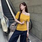 Tシャツ レディース オフショルダー 半袖 トップス 肩出し アシンメトリー ワンショルダー タイト 着痩せ セクシー 無地 カットソー
