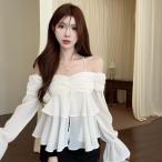 ブラウス レディース トップス チュニック オフショルダー ホルターネック フリル シアー シフォン 透け感 パフスリーブ バルーン袖