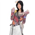 シアートップス レディース 総柄 カットソー 長袖 メッシュ Tシャツ 透け感 ニュアンス 油絵風 インナー 重ね着 チュール トップス
