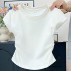 Tシャツ 半袖 レディース クルーネック タイト ギャザー シャーリング トップス ホワイト きれいめ 着痩せ 無地 ストレッチ インナー