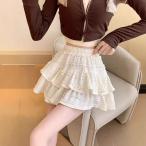 ミニスカート ティアードスカート レディース フリル レース ハイウエスト 膝上 Aライン インナーパンツ付き 裏地あり ウエストゴム 春