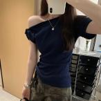 ワンショルダー Tシャツ レディース トップス アシンメトリー 肩出し 半袖 リブニット ストレッチ セクシー きれいめ お洒落 無地 春