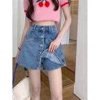 デニムスカート レディース ショートパンツ キュロット ハイウエスト Aライン フロントボタン スカパン ミニ丈 巻きスカート風 脚長効果