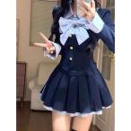 ワンピース レディース 地雷系 量産型 ミニ丈 長袖 襟付き ビッグリボン プリーツスカート 重ね着風 ハイウエスト 着痩せ スクール風