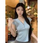 Tシャツ レディース 半袖 Vネック タイト トップス ヘンリーネック フロントボタン カットソー セクシー スリム フィット 着痩せ