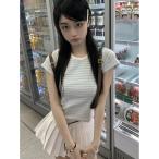Tシャツ レディース 半袖 ボーダー柄 カットソー ショート丈 クロップド丈 タイト スリム 着痩せ へそ出し レトロ 韓国ファッション