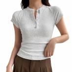 ヘンリーネック Ｔシャツ レディース 半袖 リブ カットソー Ｖネック ボタン付き スリム タイト トップス きれいめ オフィス 夏 無地