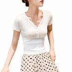 レディース Tシャツ Vネック ヘンリーネック ボタン スリム リブ カットソー 無地 タイト きれいめ カジュアル 半袖 トップス 綿