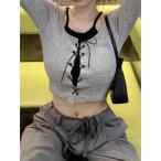 カットソー レディース トップス レイヤード風 レースアップ クロップド丈 リブニット 長袖 セクシー ストリート 韓国 ファッション 春