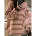 ボーダー トレーナー レディース オーバーサイズ 長袖 Tシャツ クルーネック ゆったり プルオーバー トップス 韓国風 スウェット 春