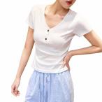 ヘンリーネック Ｔシャツ レディース 半袖 Ｖネック カットソー ボタン付き スリム タイト 美シルエット 綿混 柔らかい 無地 トップス