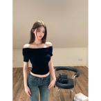 オフショルダー トップス レディース 半袖 Tシャツ 肩出し セクシー タイト ショート丈 へそ出し ギャザー 襟元 ストレッチ 伸縮性