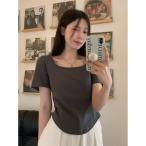 Tシャツ レディース 半袖 スクエアネック クロップド丈 トップス 短め 無地 きれいめ 韓国ファッション 夏 鎖骨見え デコルテ スリム
