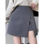 ミニスカート スカパン レディース キュロットパンツ ラップ風 ハイウエスト Aライン 膝上丈 美脚 脚長 着痩せ インナーパンツ付 上品