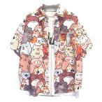 猫柄 アロハシャツ ハワイシャツ メンズ 半袖シャツ かわいい ねこ柄プリント 開襟 漫画風 夏服 薄い 軽い 体型カバー 速乾通気 吸汗