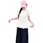Tシャツ レディース 半袖 裾フリル トップス 大人可愛い ペプラム クルーネック カットソー ティアード 柔らかい 無地 着痩せ