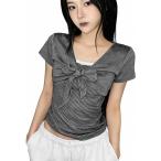 サマーニット レディース 半袖 フェイクレイヤード Tシャツ リボン ストライプ 重ね着風 カットソー レース 襟付き スリム タイト