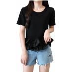 カットソー 裾フリル ペプラム トップス レディース 半袖 体型カバー 大人可愛い きれいめ Tシャツ ティアード 切り替え チュニック丈