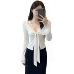 長袖 Tシャツ レディース Vネック レース リボン付き カットソー タイト セクシー 重ね着風 トップス きれいめ 大人可愛い 春 秋
