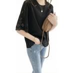 Tシャツ レディース 半袖 レース切り替え カットソー トップス ゆったり 大人可愛い きれいめ 体型カバー 大きいサイズ 5分袖 夏