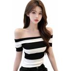 オフショルダー トップス レディース ボーダー Tシャツ 半袖 スリム タイト セクシー y2k モード系 ニット クロップド丈 伸縮性