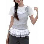 レイヤード風 Tシャツ レディース 半袖 重ね着風 トップス フリル 裾 ティアード リボン キャミソール カットソー 夏 スリム 着痩せ