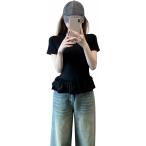 Tシャツ レディース 半袖 ペプラム トップス ティアード 裾フリル クルーネック カットソー おしゃれ 大人可愛い フェミニン ガーリー