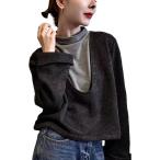フェイクレイヤード トップス レディース 重ね着風 ニット 長袖 ハイネック 春 秋 冬 カットソー ボタン付き 無地 ゆったり 着痩せ